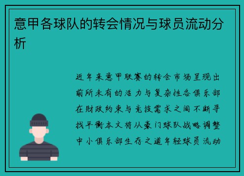 意甲各球队的转会情况与球员流动分析